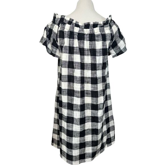 Corey Lynn Calter Gingham Off The Shoulder Linen Blend Dress Black White Medium - Picture 3 of 11